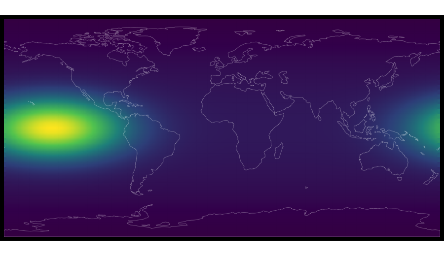A flat Plate Carrée world map with recognizable coastlines drawn in white over a dark viridis-colored scalar field, the field peaking bright yellow-green in the equatorial Pacific.