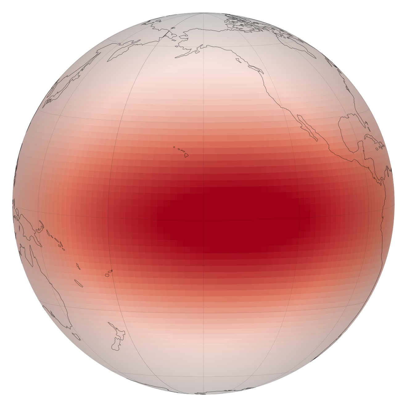 An orthographic globe centered on the Pacific, colored with a blue-white-red diverging colormap, with subtle darkening toward the edge that reads as a genuine sphere.