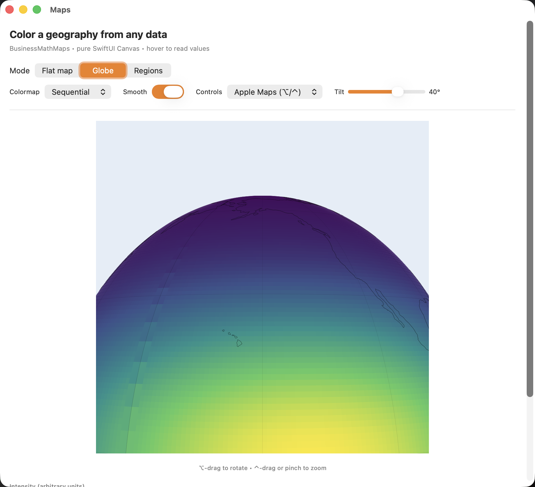The demo app showing the globe tilted to about forty degrees — a rounded dome receding toward the horizon, coastlines foreshortening naturally into the distance, with tilt and colormap controls above it.